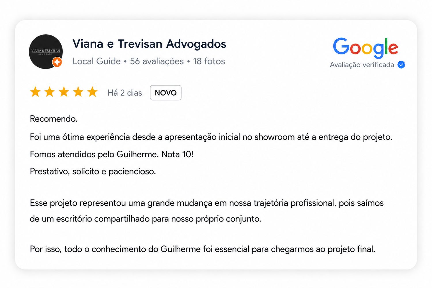 Avaliação de cliente da Projeto Promov no Google